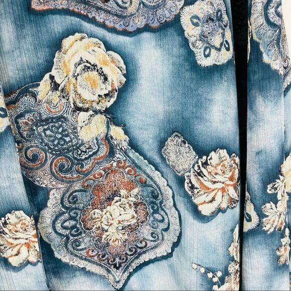 Vintage blue cream brown floral rose button front boho 80s 90s shirt top large - Picture 5 of 9
